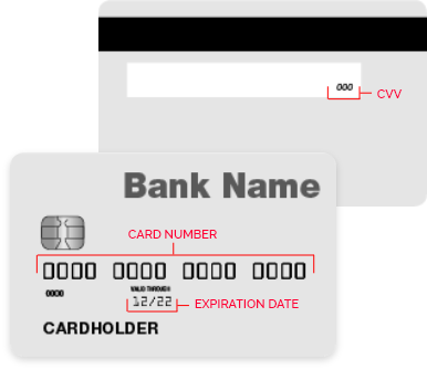 Debit Card example highlighting card number and expiration date.